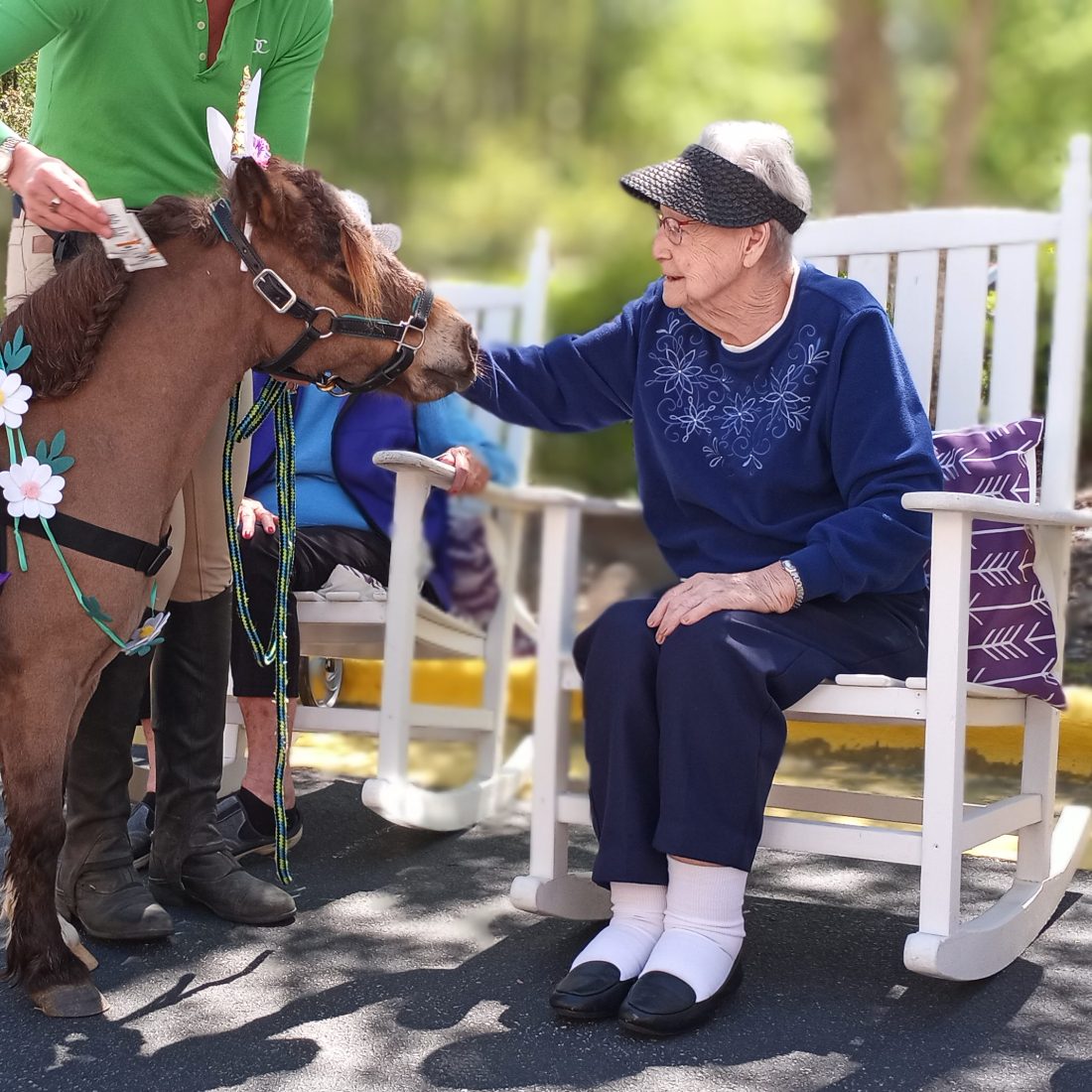 A senior resident at Fox Hollow petting Mister Waffles