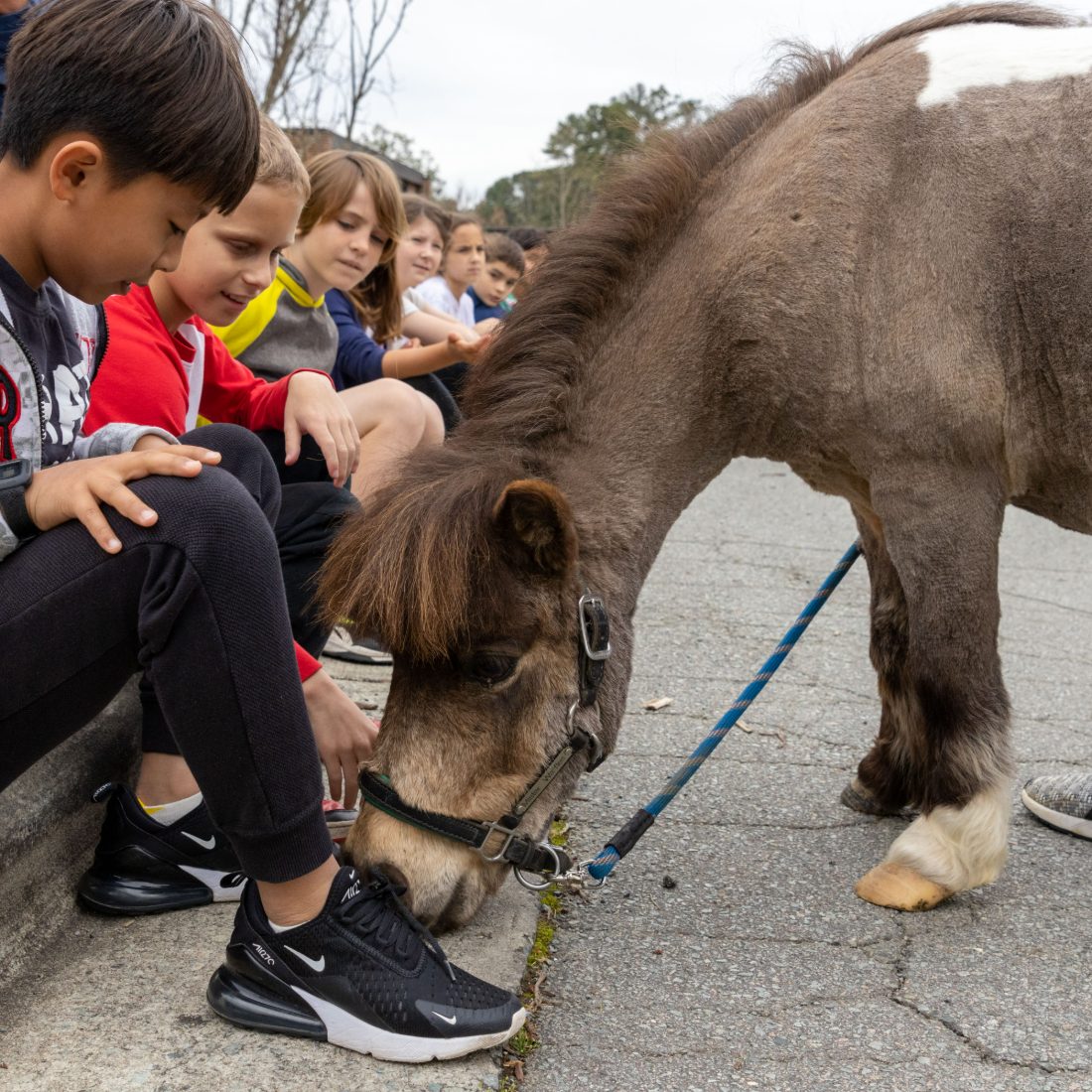 Children sitting on the curb meeting Mister Waffles